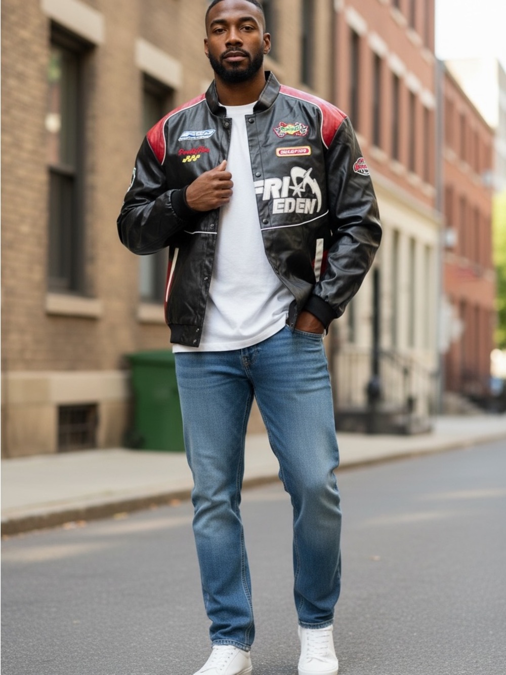 Aelfric Eden Black and Red Patch Bomber Jacket